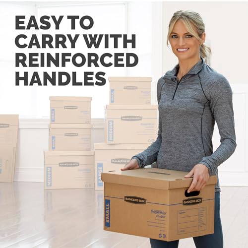 Bankers Box Small Classic Moving Box 10 Pack, Reinforced Handles, Tape-Free Assembly, Box with Lid, 15-In x 12-In x 10-In...
