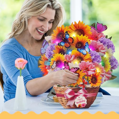 MZD8391 Birthday Cards with MUSIC & LIGHTS, Pop Up Happy Birthday Card, Sunflower & Butterfly, 10 Inch Life Sized Forever ...