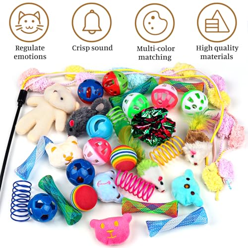 QUOZUO 30 Pcs Cat Toy Kitten Toys Set, Interactive Cat Toy Wand Cat Springs Ball Toy with Bells, Cat Toys for Bored Indoor...