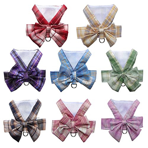 Dog Harness and Leash Set, Cute Bow Tie Plaid Harnesses for Puppy Cat, Adjustable Pet Kitties Vest, Breathable Harness Tra...