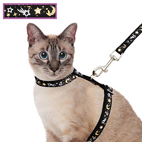 Cat Harness and Leash Set for Outdoor Walking Escape Proof Adjustable Soft Safety Strap with Golden Star and Moon Design G...