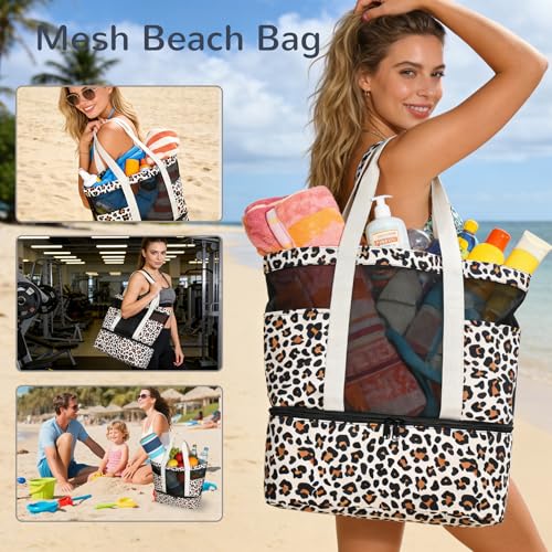 Codcey Mesh Beach Bag Women with Leakproof Wet Compartment,Large Tote Bag for Pool Travel Daily