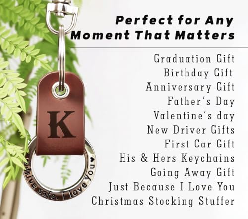 Custom Engraved Leather Keychain, Personalized Initial Key Ring for Him, Stainless Steel Couple Gift for Men & Women