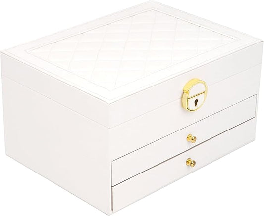 RQQM 3 Layer Jewelry Box Organizer with Drawers, Lockable PU Leather Jewelry Storage Case for Mothrer's Day gifts Necklace...