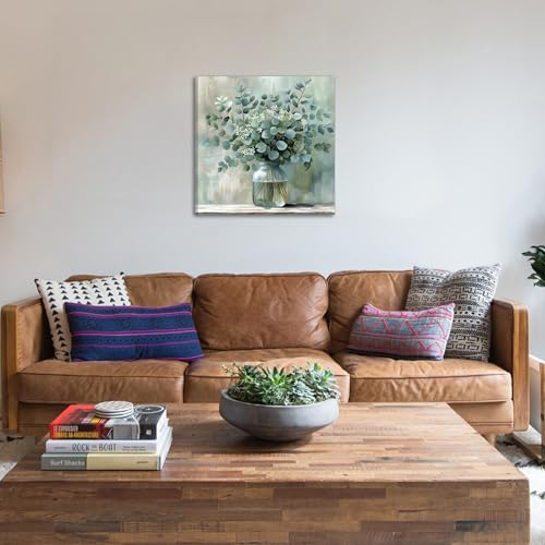 FWAHREN Botanical Eucalyptus Canvas Wall Art, Framed Sage Green Plant Prints Artwork, Farmhouse Wild Flower Pictures, Larg...