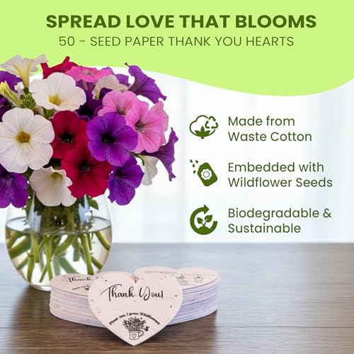50 Plantable Seed Paper Hearts with Wildflower Seeds- A Thank You Card That Grows | A Memorable Gift Tag That Keeps Giving...