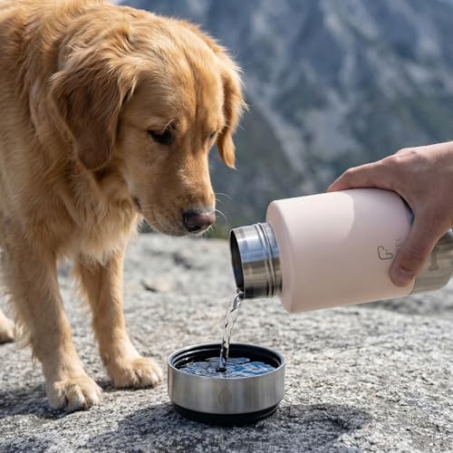 FUYEC Dog Water Bottle 32oz, Insulated Stainless Steel Travel Water Dispenser with 2 Detachable Dog Bowls for Food and Wat...