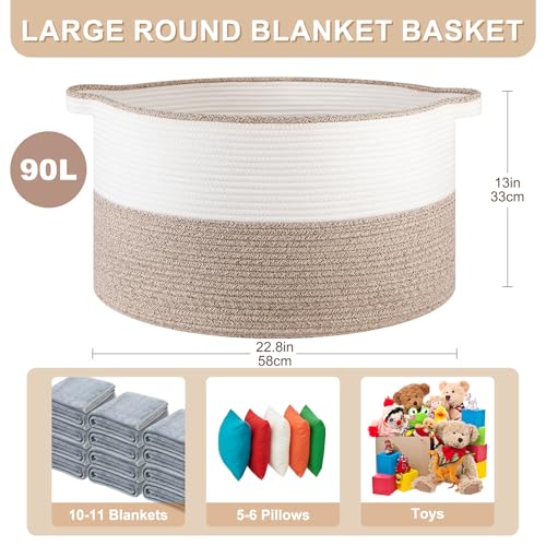OIASKET Large Blanket Basket with Handles, 22.8" x 22.8" x 13" Woven Storage Basket for Living Room, Cotton Rope Baby Toy ...