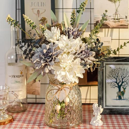 Der Rose Fake Flowers in Vase Silk Artificial Navy Blue Flowers Arrangements with Glass Vase for Dinning Coffee Table Cent...