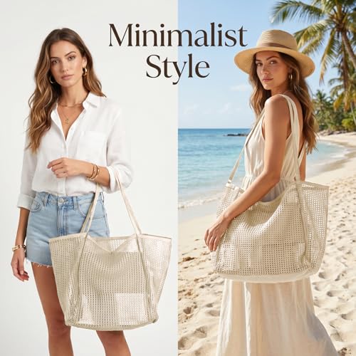 Zptjql Mesh Beach Bag, 23L Foldable Sandproof Lightweight Tote, Breathable Pool Bag with Wide Shoulder Straps, Zipper Pocket