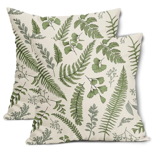 Sage Green Leaf Plant Pillow Covers 20X20 Inch Set of 2 Tropical Fern Herbs Botanical Leaves Floral Decorative Pillow Case...