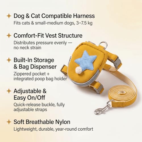 Pet Backpack Harness with Leash for Dogs and Cats, Adjustable Vest with Storage Pocket, Poop Bag Dispenser, Soft Breathabl...