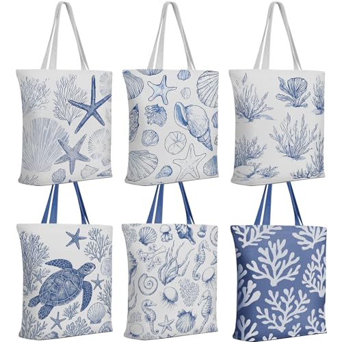 Reginary 6 Pcs Coastal Canvas Tote Bags with Pocket Summer Beach Themed Gifts Blue Seashell Starfish Conch Coral Pattern