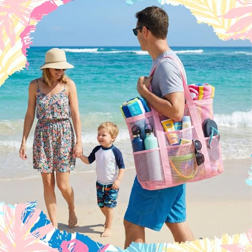 Aliceset 3 Pcs Beach Mesh Bag Large Beach Tote Bag with Zipper Waterproof Sandproof Shell Collecting Bags 3 Color Pool Fol...