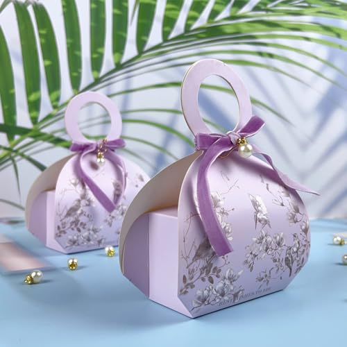 20 PCS Small Gift Boxes, Flower & Bird Party Favor Boxes Goodie Bags with Handle, Velvet Bow, Pearl Pendant for Wedding An...