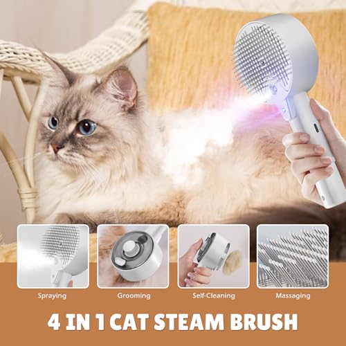Cat Steam Brush,Cat Brushes for Indoor Cats, 4 In 1Spritz Spray Defur Comb, Cloud Care Shedding Control, Pet Grooming Brus...