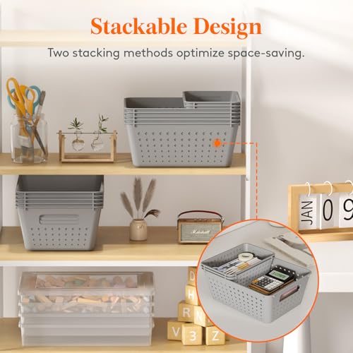 Lifewit Plastic Storage Basket for Organizing, 6 Pack Stackable Open Containers, Multi Size Storage Bins for Shelving, Pan...