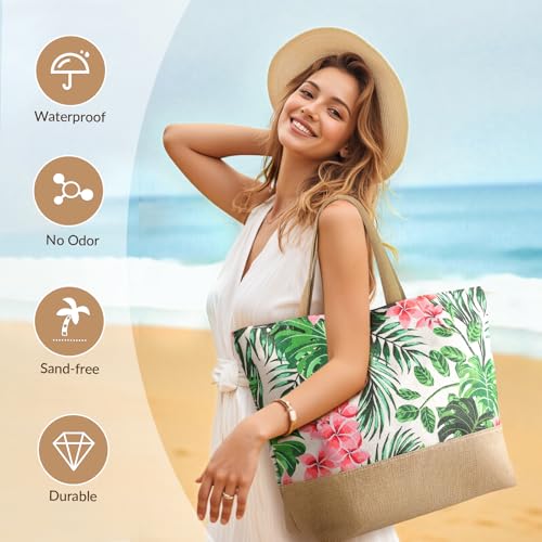 Trifabricy Beach Bag for Women, Large Beach Tote Bags with Zipper, Woven Straw Tote Waterproof, Swim Gym Shopping Travel Bag