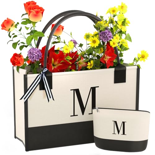 OATALY Monogrammed Canvas Tote Bag with Zipper Pockets - Ideal Gift for Mom, Teacher, Sister