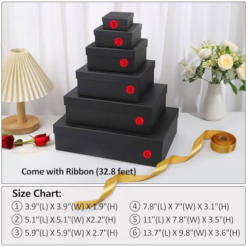 Black Gift Box Set (6 Sizes), Gift Boxes with Lids for Presents, Pre-Wrapped Boxes for Gifts, Sturdy Gift Wrap Box for Val...