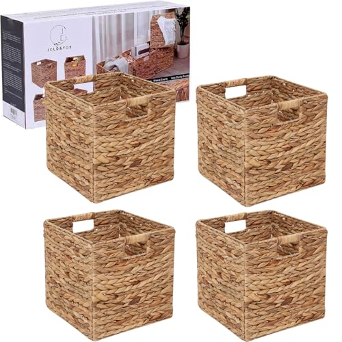 12x12in Storage Baskets Set of 4 Water Hyacinth Baskets,Foldable Handwoven Storage Cubes,Wicker Cube Baskets Laundry Organ...