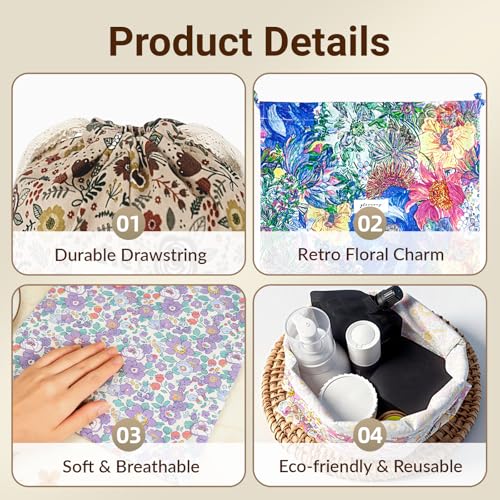 RoyYam 4-Pack Cotton Drawstring Gift Bags, 10.2" x 11" Floral Fabric Gift Pouches, Reusable Muslin Storage Sacks for Trave...