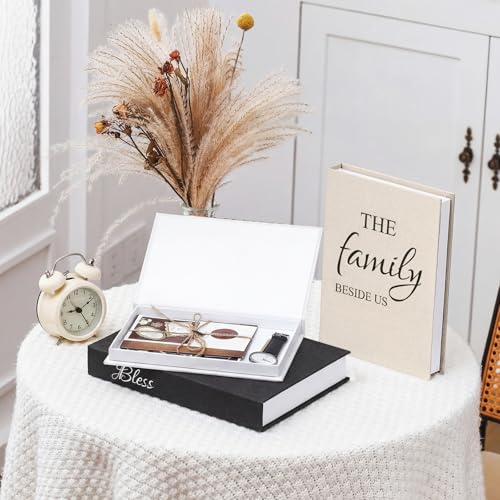 Weysat Set of 3 Bless Family Love Decorative Books for Home Decor Linen Faux Books Stacked Neutral Modern Aesthetic Fake S...