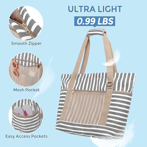 Fasrom Beach Bag for Women with Zipper, Waterproof Beach Tote with Wet Dry Compartment and Small Pouch for Pool, Swim, Travel