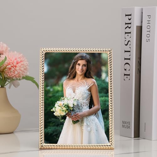 FineLiMoLa 5x7'' Gold Rope Design Metal Picture Frames 2 Pack with Hi Quality Velvet Backing and Real Glass Front, Gold Ph...