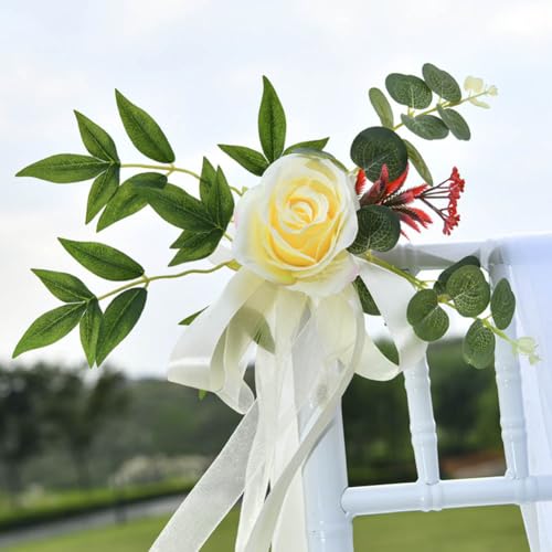 JOONOR Set of 8 Wedding Aisle Decorations Set Yellow Rose Flowers Chair Back Flowers with Leaves and Ribbons,Pew Artificia...
