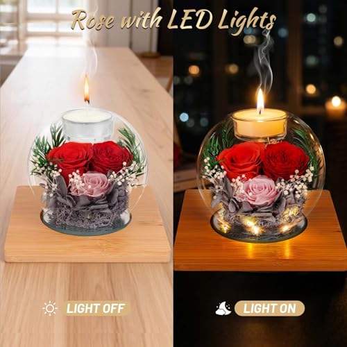 ENERLEAF Preserved Red Real Rose in Glass with Scented Candles–Forever Flower Romantic Anniversary Mothers Day Christmas B...