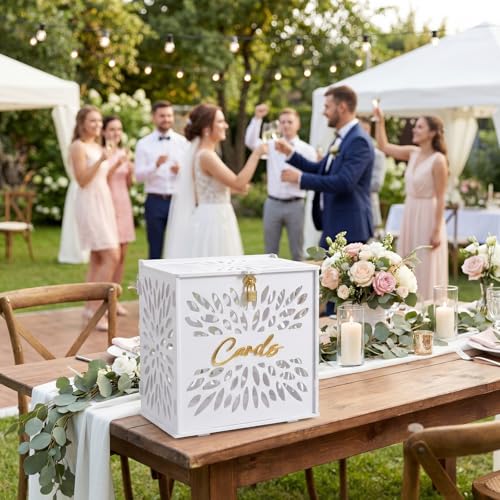 Chunful White Wedding Card Box with Lock, 10 Inch Hollow Floral PVC Gift Envelope Holder for Reception, Secure Money Colle...