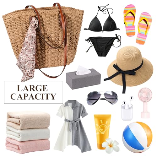 Trifabricy Beach Bags for Women, Summer Straw Bag, Woven Straw Beach Tote Bag Shoulder Handbags