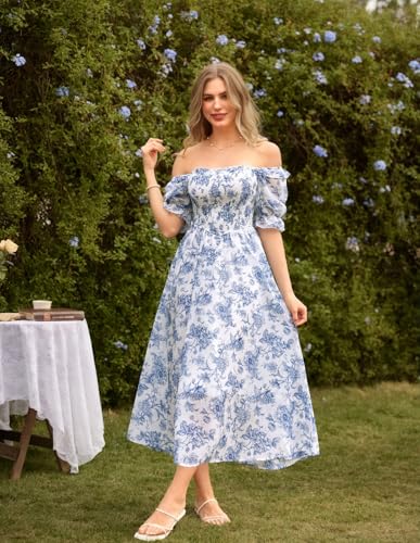 Scarlet Darkness Floral Dress for Women Summer Puff Sleeve Square Neck A Line Flowy Wedding Guest Tea Party Dresses