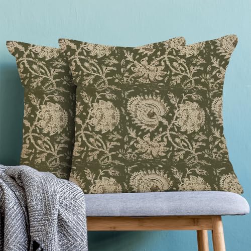 Green Pillow Covers 20x20 Inch Set of 2 Vintage Olive Green Floral Throw Pillows Neutral Modern Boho Block Print Floral Pi...
