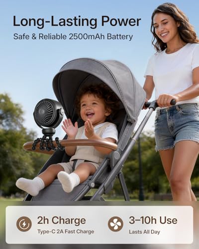 SWEETFULL Portable Stroller Fan, Pinch-Proof Baby Fan, 10H Battery, 5-Speed Quiet Mini Clip on Fan, USB-C Rechargeable wit...
