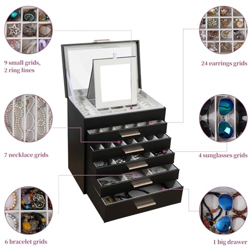 BOOVO Jewelry Boxes for Women, White and Black 6 Layer Large Jewelry Box for Necklace, Bracelet, Earrings, Rings Storage, ...