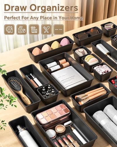 KEMETHY 25 PCS Plastic Drawer Organizers Set, 4 Sizes Vanity Organizer, Makeup and Desk Drawer Organizer Trays, Organizati...