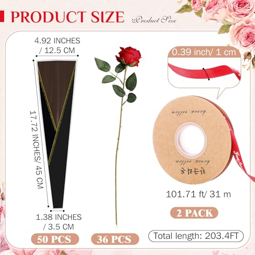 Zeyune 36 Pack Mother's Single Rose with Sleeves Set, Artificial Red Roses Bulk with Flower Sleeves, Single Stem Flower Wr...