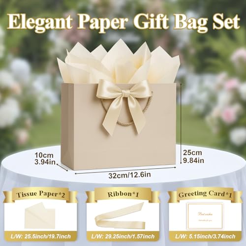 ANZNKU Gift Bags Medium with Handles with Ribbon Card and 2 Tissue Paper, 1 Pcs Cute Champagne Beige Paper Gift Wrap Bag f...