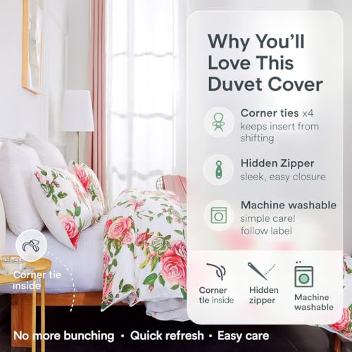 DaDa Bedding Romantic Roses Floral Duvet Cover Set - Lovely Spring Garden Pink w/Pillow Cases - Bright Vibrant Colorful Bl...
