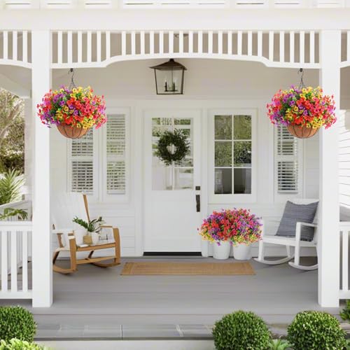 Hananona 2 Set Artificial Outdoor Flowers with Hanging Basket, 2 Hanging Planters with 24 Pcs Flowers for Spring Summer Fr...
