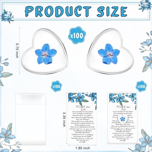 Cunno 100 Sets Forget-me-not Flower Gift Set, Heart-shaped Dried Pressed Flower Keepsakes with Sympathy Cards and Bags, Me...
