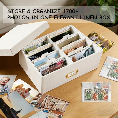 LEARNIBEE Decorative Photo Storage Box, Sturdy Linen Photo Organizer with Dividers & Envelopes, Holds Up to 1700 Pictures ...