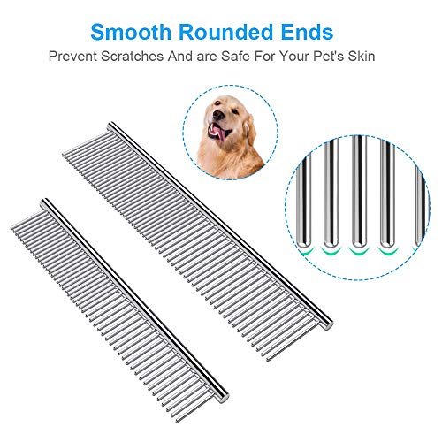 Cafhelp 2 Pack Dog Combs with Rounded Ends Stainless Steel Teeth, Cat Comb for Removing Tangles and Knots, Professional Gr...