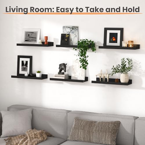 upsimples Floating Shelves for Wall, Wall Shelves for Decor Storage Set of 6, Wall Mounted Wood Shelf for Bedroom, Living ...