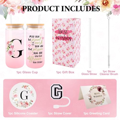 WINOWIMO Initial Glass Cups with Lids and Straws, Personalized Gifts for Women, Iced Coffee Cup Glass Tumbler, Birthday Br...