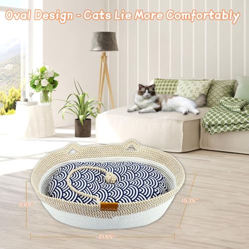 Pet Beds for Cats, Cat Beds for Indoor Cats 19.69"×13.78"×6.30",Cotton Rope Oval Cat Bed for All Seasons (with Cooler Stra...