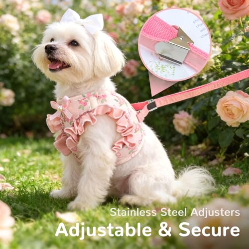 ABRRLO Small Dog Harness and Leash Set Soft Breathable Mesh No Pull Puppy Harness with Bowknot Adjustable Cute Pink Dog Ve...