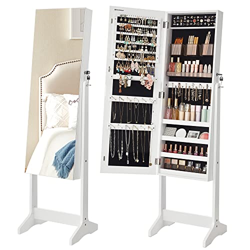 SONGMICS Jewelry Cabinet Armoire, Freestanding Lockable Storage Organizer Unit with 2 Plastic Cosmetic Storage, Full-Lengt...